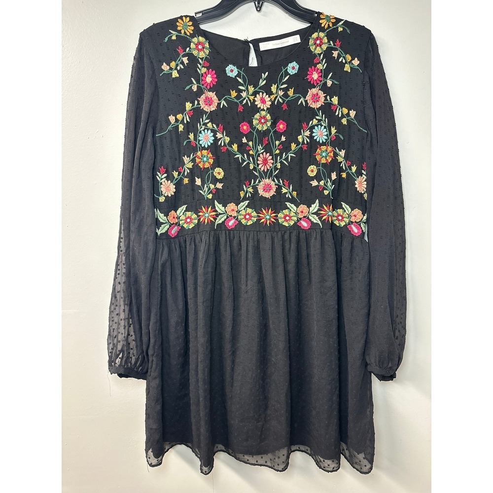 Zara | Black Floral Embroidered Swiss Dot Dress | Size XL